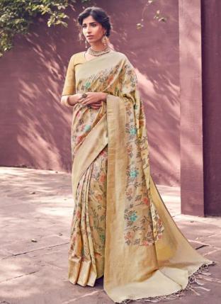 Beige Banarasi Wedding Wear Embroidery Work Saree