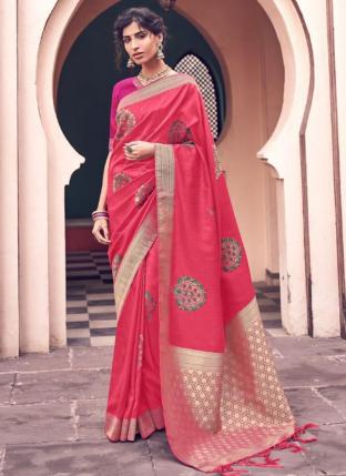 Dark Pink Banarasi Wedding Wear Embroidery Work Saree