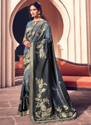 Grey And Black Banarasi Silk Wedding Wear Heavy Embroidery Work Saree
