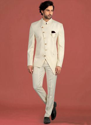 Cream Terry Rayon Party Wear Fancy Jodhpuri Suit