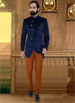 Navy Blue Velvet Party Wear Fancy Jodhpuri Suit