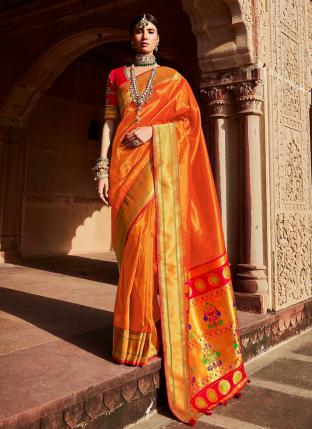 Orange Silk Reception Wear Weaving Saree