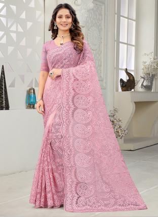 Pink Net Wedding Wear Resham Work Saree