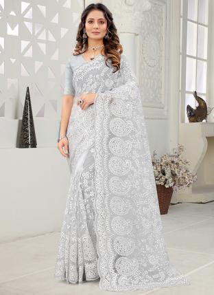 White Net Wedding Wear Resham Work Saree