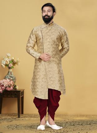 Beige Jacquard Silk Festival Wear Weaving Indo Western