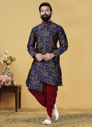Navy Blue Silk Festival Wear Weaving Indo Western