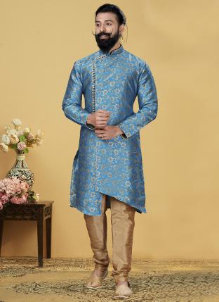 Sky Blue Jacquard Silk Festival Wear Weaving Indo Western