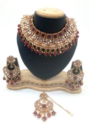 Maroon Kundan And Stone Multi Piece Necklace Set