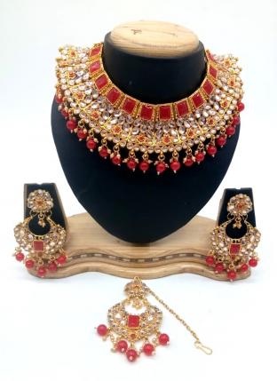 Red Kundan And Stone Multi Piece Necklace Set