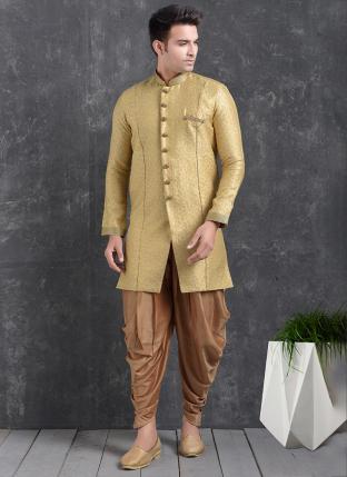Gold Jaqurd Silk Brocade Festival Wear Pintux Peshawari Indo Western