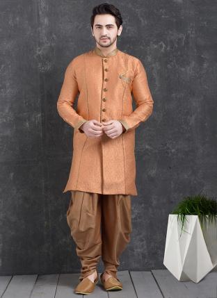 Peach Jaqurd Silk Brocade Festival Wear Pintux Peshawari Indo Western