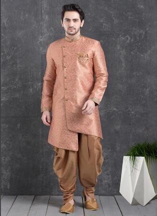 Peach Jaqurd Silk Brocade Festival Wear Pintux Peshawari Indo Western