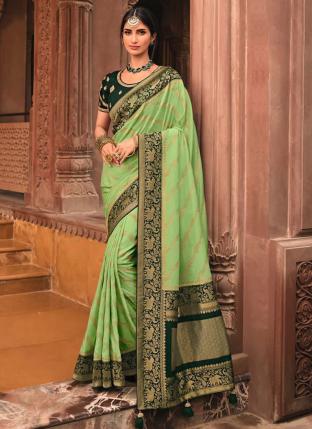 Light Green Silk Wedding Wear Zari Work Saree