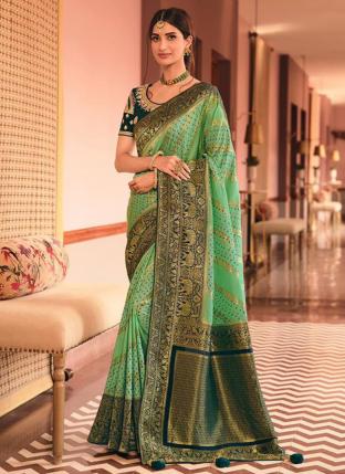 Pista green Silk Wedding Wear Zari Work Saree