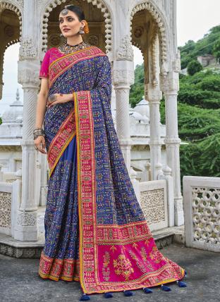 Blue Banarasi Silk Wedding Wear Mirror Work Saree