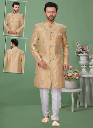 Gold Dupion Silk Wedding Wear Weaving Sherwani