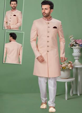 Light Pink Imported Wedding Wear Weaving Sherwani
