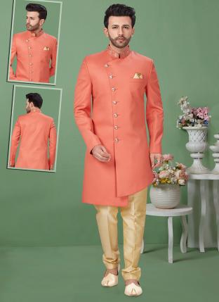 Peach Imported Wedding Wear Weaving Sherwani