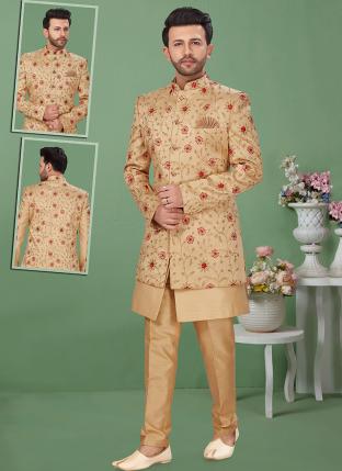 Chikoo Dupion Silk Wedding Wear Weaving Sherwani