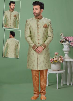 Pista Banarasi Jaquard Wedding Wear Weaving Sherwani