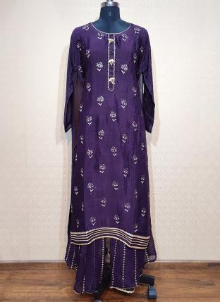 Purple Upada Silk Traditional Wear Hand Work Kurti With Sharara