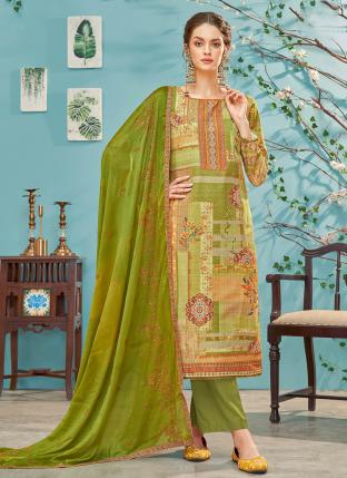 Olive Green Pure Muslin Daily Wear Digital Printed Palazzo Suit