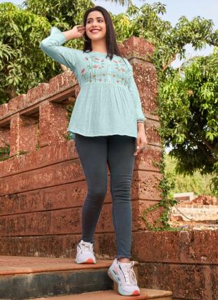 Turquoise Blue Rayon Casual Wear Embroidery Work Top