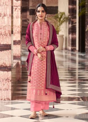 Pink Viscose Silk Party Wear Jacquard Palazzo Suit