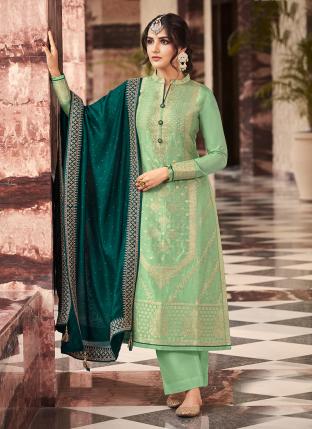 Pista Green Viscose Silk Party Wear Jacquard Palazzo Suit