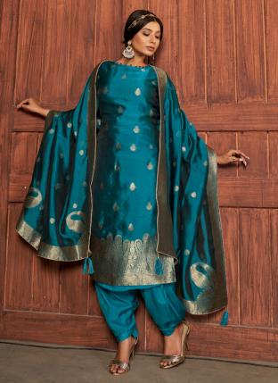 Blue Viscose Silk Traditional Wear Weaving Patiyala Suit