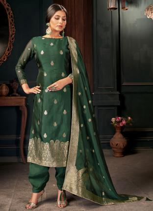 Bottle Green Viscose Silk Traditional Wear Weaving Patiyala Suit