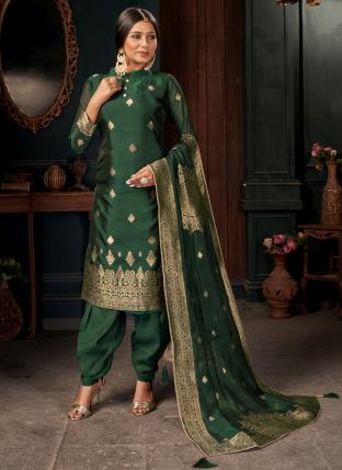 Green Viscose Silk Traditional Wear Weaving Patiyala Suit