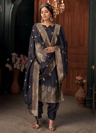 Navy blue Viscose Silk Traditional Wear Weaving Patiyala Suit