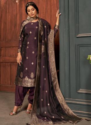 Purple Viscose Silk Traditional Wear Weaving Patiyala Suit