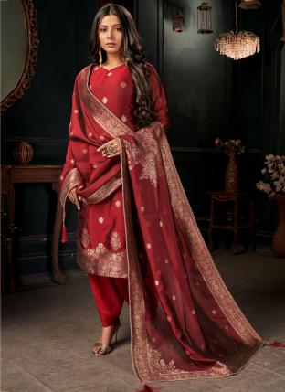 Red Viscose Silk Traditional Wear Weaving Patiyala Suit