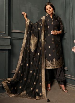 Black Viscose Silk Festival Wear Weaving Patiyala Suit