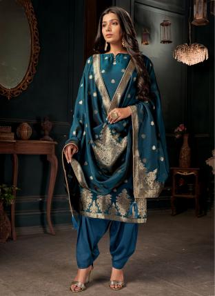 Blue Viscose Silk Festival Wear Weaving Patiyala Suit