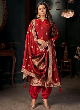Red Viscose Silk Festival Wear Weaving Patiyala Suit