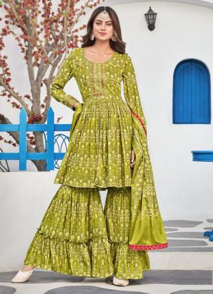 Olive Green Pure Muslin Traditional Wear Embroidery Work Readymade Salwar Suit