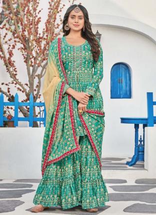 Teal Blue Pure Muslin Traditional Wear Embroidery Work Readymade Salwar Suit