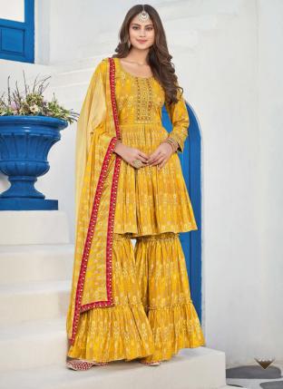 Yellow Pure Muslin Traditional Wear Embroidery Work Readymade Salwar Suit