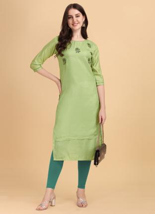 Light green Dola Silk Casual Wear Hand Work Kurti