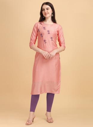 Pink Dola Silk Casual Wear Hand Work Kurti