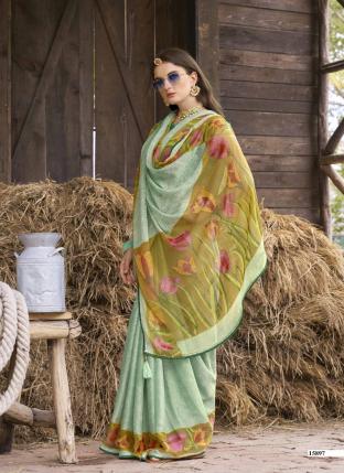 Pista Green Brasso Traditional Wear Printed Work Saree