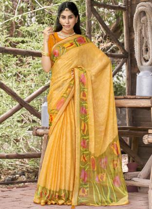 Yellow Brasso Traditional Wear Printed Work Saree