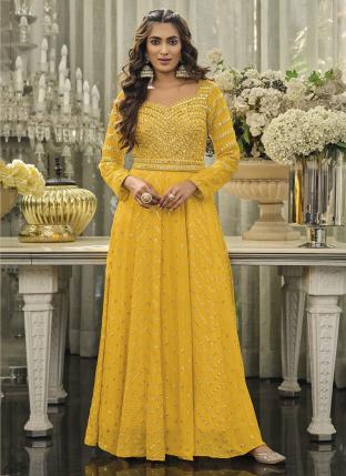 Yellow Chinnon Georgette Party Wear Embroidery Work Readymade Salwar Suit