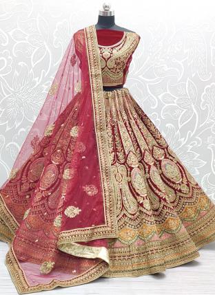 Pink Velvet Bridal Wear Thread Work Lehenga Choli