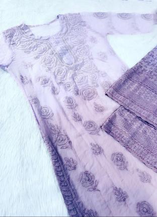 Light Purple Georgette Traditional Wear Lucknowi Work Kurti With Sharara