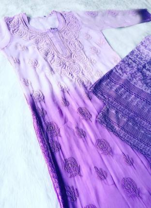 Purple Georgette Traditional Wear Lucknowi Work Kurti With Sharara