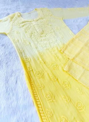 Yellow Georgette Traditional Wear Lucknowi Work Kurti With Sharara